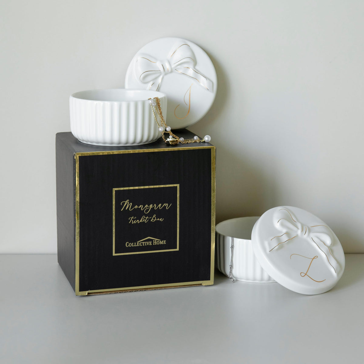 COLLECTIVE HOME Monogram Ceramic Jewelry Box with Bow - Small Jewelry Dish, Elegant Birthday, Graduation, Christmas & Women's Day Gifts (K)