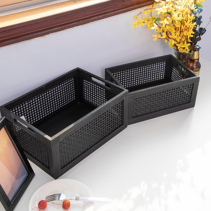 YRLSOTGE Wooden Storage Baskets,Black Woven Bamboo Basket Nesting Boxes with Built-in Handle for Pantry, Kitchen,Living Room,Shelves,Set of 2