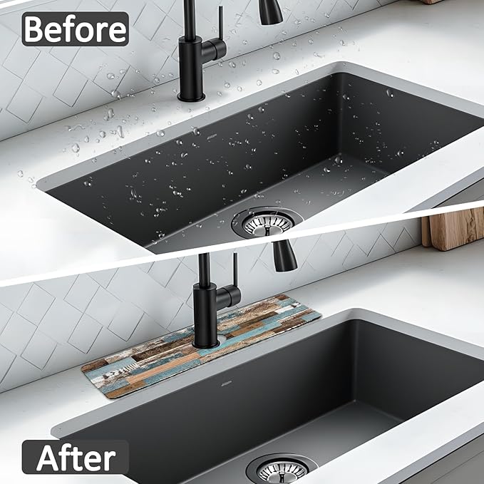 15" X 5.5" Kitchen Sink Splash Guard Faucet Mat Wood Grain Super Absorbent Fast