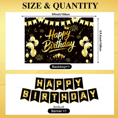 Black Gold Birthday Decorations for Men Women, Pre-Strung Happy Birthday Banner with Backdrop, Balloons,Honeycomb Centerpieces & Streamers Kit