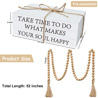 Decorative Books for Home Decor, White Faux Books for Decoration, Rustic Farmhouse Stacked Display Books with 52in Wood Bead Garland for Coffee Tables Living Room (TAKE TIME to DO)