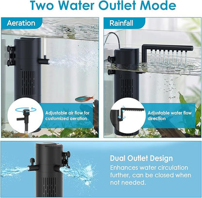 Aquarium Filter for 20-60 Gallon Tanks, Internal Fish Tank Filter, Submersible Turtle Tank Filter, with Aeration/Rainfall Modes and Dual Water Outlet