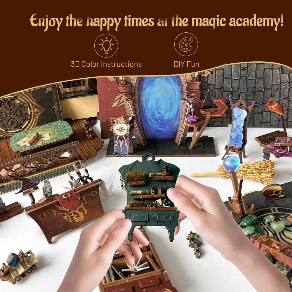 Magic Book Nook Kit with Remote Wand, 3D Wooden Puzzle, Dollhouse Miniature Booknook Kit Creative Bookend Bookshelf Decor for Adults Teens - Magic Academy(SQ-38)