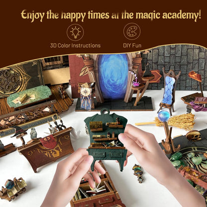 Magic Book Nook Kit with Remote Wand, 3D Wooden Puzzle, Dollhouse Miniature Booknook Kit Creative Bookend Bookshelf Decor for Adults Teens - Magic Academy(SQ-38)