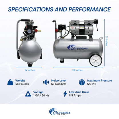 California Air Tools 8010 1.0 HP Ultra Quiet and Oil-Free Air Compressor, 8 Gallon Steel Tank, Lightweight with Wheels, 60 dBA Noise Level