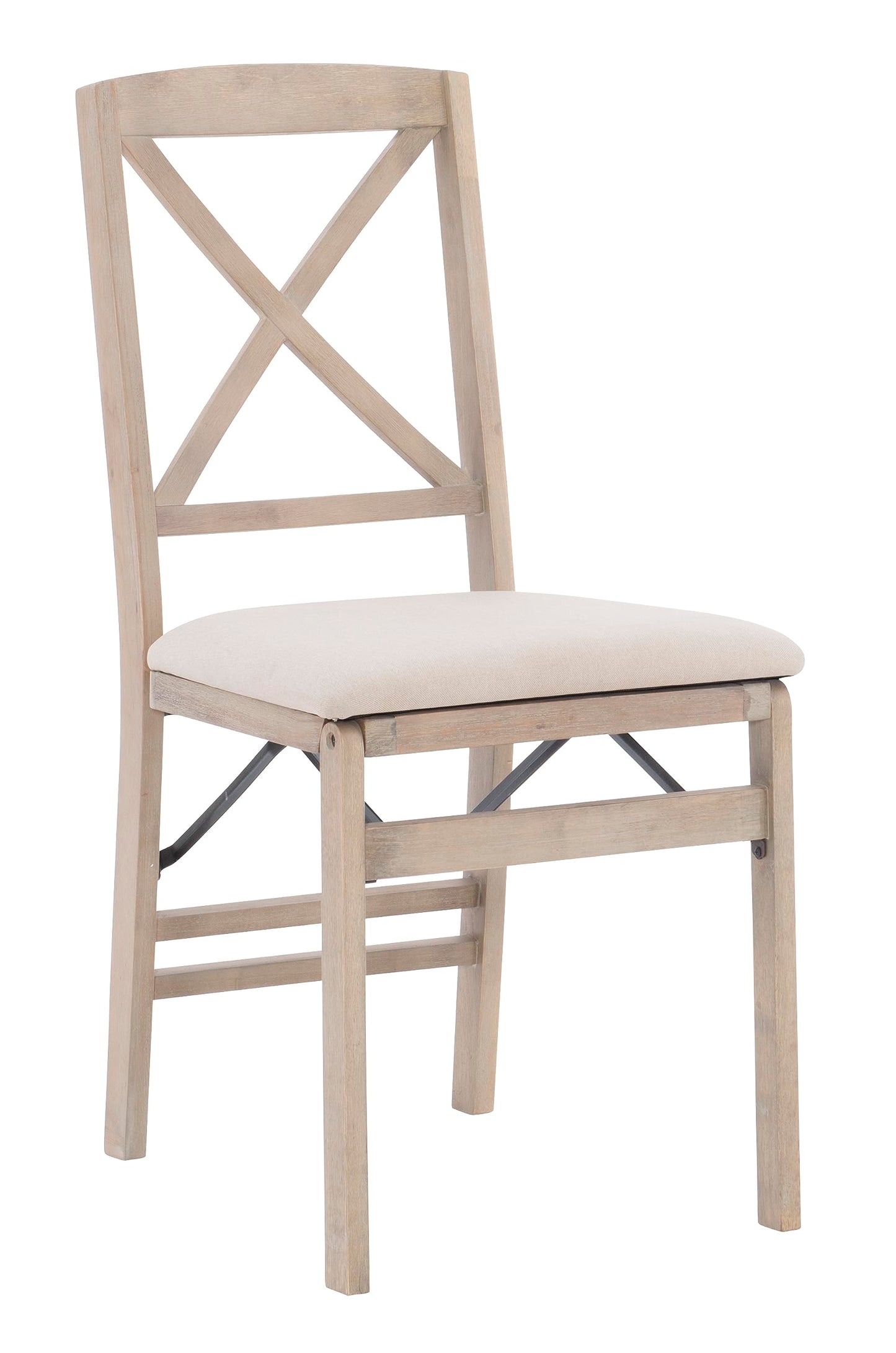 Keira Grey Wash Wooden Folding Chair with Beige Upholstered Seat and Classic Wooden X Back by Linon