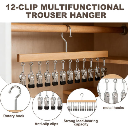 Shgxjjnb Wooden Rotating Pants Hanger, Closet Organizer with 12 Clips, Space Saving Hanging Clothes Legging Wardrobe Organizer for Jeans, Hats, Shorts, Socks (Brown+Nature, 2Pack)