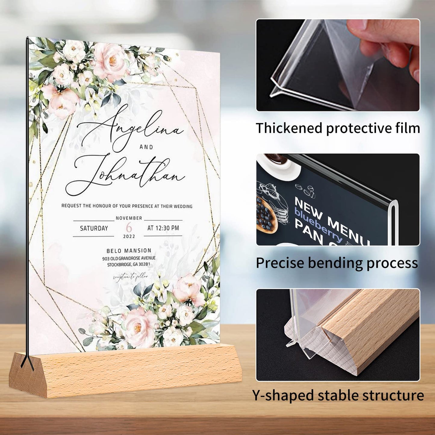 Acrylic Sign Holder 4 x 6 - Wedding Table Number Holder with Wood Base, Double Sided Picture Frames, 6Pack Clear Table Menu Display Stand for Centerpiece,Decoration,Party,Restaurants Office Store