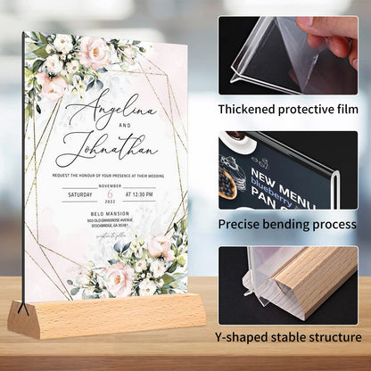 Acrylic Sign Holder 4 x 6 - Wedding Table Number Holder with Wood Base, Double Sided Picture Frames, 6Pack Clear Table Menu Display Stand for Centerpiece,Decoration,Party,Restaurants Office Store
