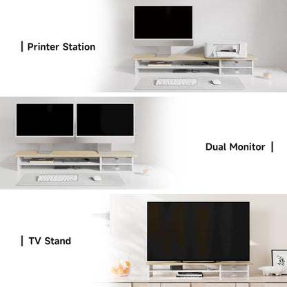Fenge Monitor Stand, Dual Monitor Riser, 42.5inch Large Desk Computer Monitor Stand Riser with Drawer, 2 Tier Wood & Acrylic Desktop Organizer for Computer, Laptop, Printer, TV Screen Riser