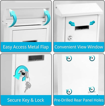 Serenelife Weatherproof Wall Mount Locking Mailbox Galvanized Steel Drop Box with Metal Flap for Mail Letters, Newspaper, Money Box, Decorative Mailboxes for Outside, Home Office, Businesses