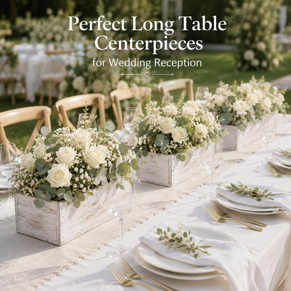 Dandat 6 Set Wood Boxes for Centerpieces 12x4 Inch Rectangle Wooden Planter Box Rustic Wooden Planters with Removable Plastic Liner Floral Foam Blocks for Christmas Wedding Home Garden Decor(White)