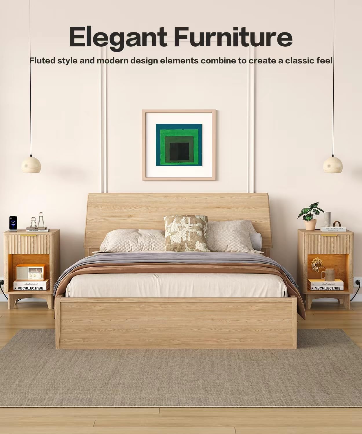 Zeibospri Fluted Nightstand Set of 2, Wooden Night Stand with Charging Station and LED Light, Modern Mid Century End Table with Drawer, Bedside Table for Bedroom, Natural Oak