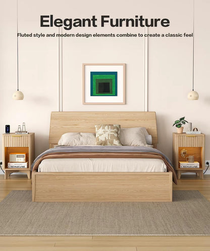Zeibospri Fluted Nightstand Set of 2, Wooden Night Stand with Charging Station and LED Light, Modern Mid Century End Table with Drawer, Bedside Table for Bedroom, Natural Oak