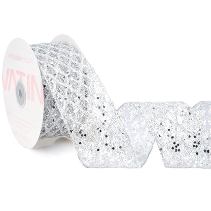 VATIN 2-1/2" Silver Christmas Ribbon, Silver Glitter Mesh Diamond Web Sequin Dots Wired Christmas Ribbon for Gift Wrapping Bow Making Wreath Supply-10 Yards