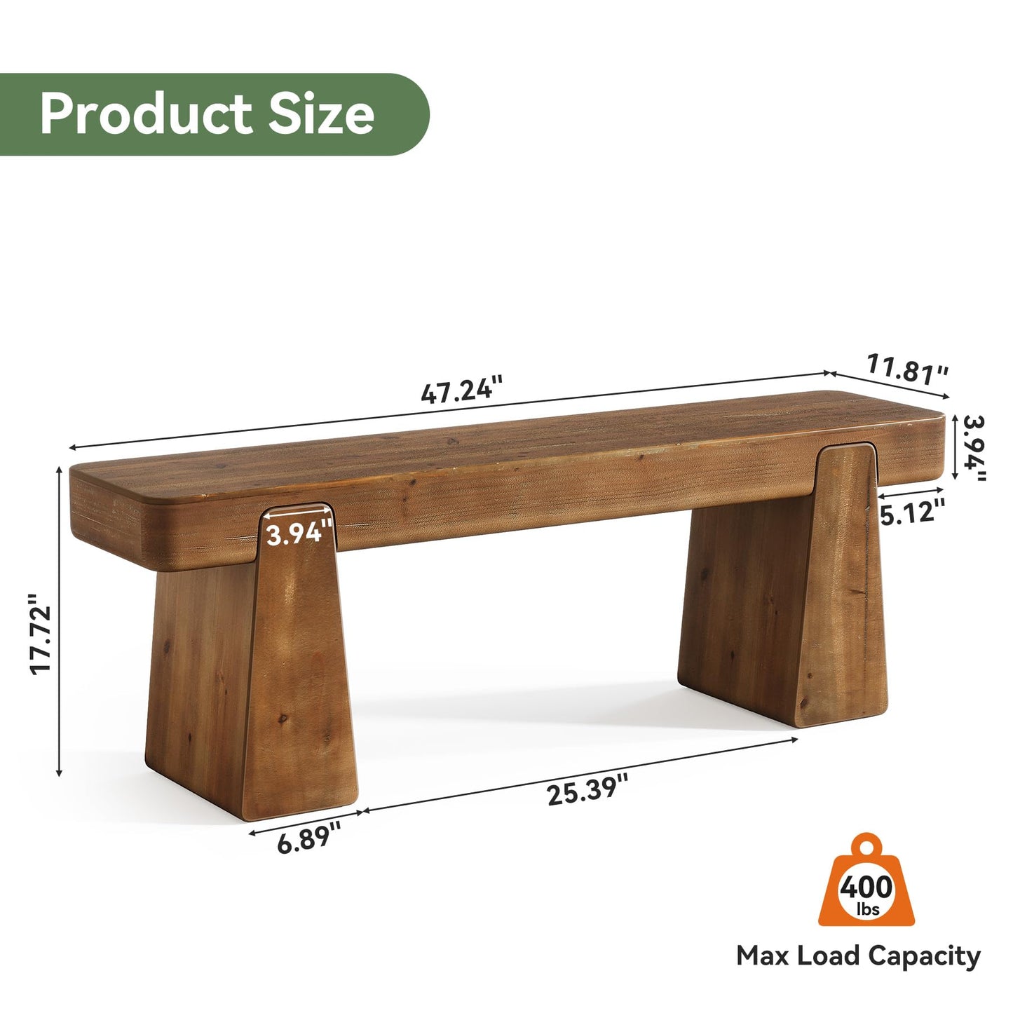 TRIBEWOOD Solid Wood Bench, 47-Inch Farmhouse Wood Entryway Bench with Thickened Legs, Narrow Indoor Wooden Bench for Entry, Hallway, Living Room, End of Bed, Dark Brown