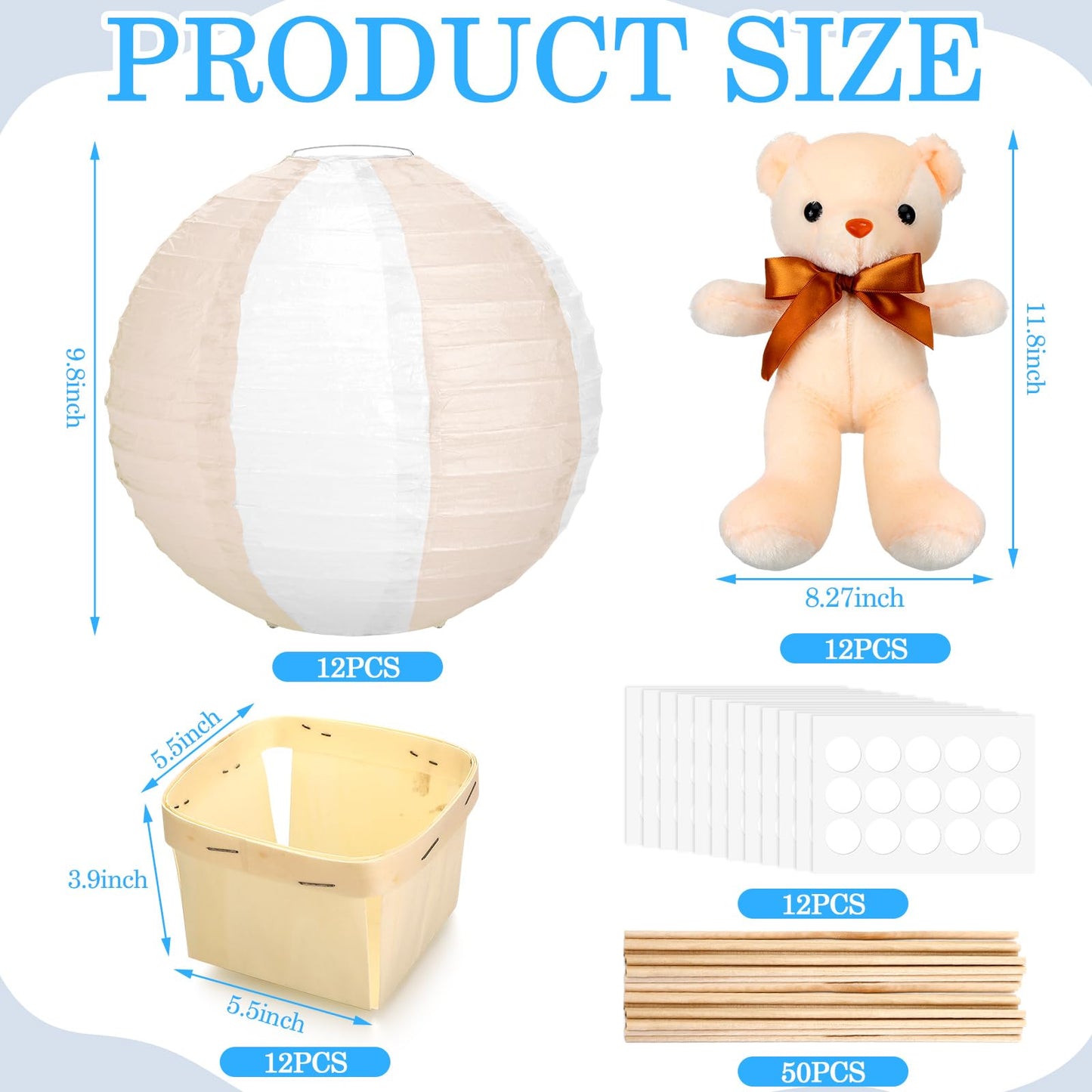 Baquler 12 Sets Baby Shower Hot Air Balloon Table Centerpieces DIY Paper Lanterns Stuffed Plush Bear Wooden Baskets for Wedding Birthday Gender Reveal (Beige White,Mixed Style)