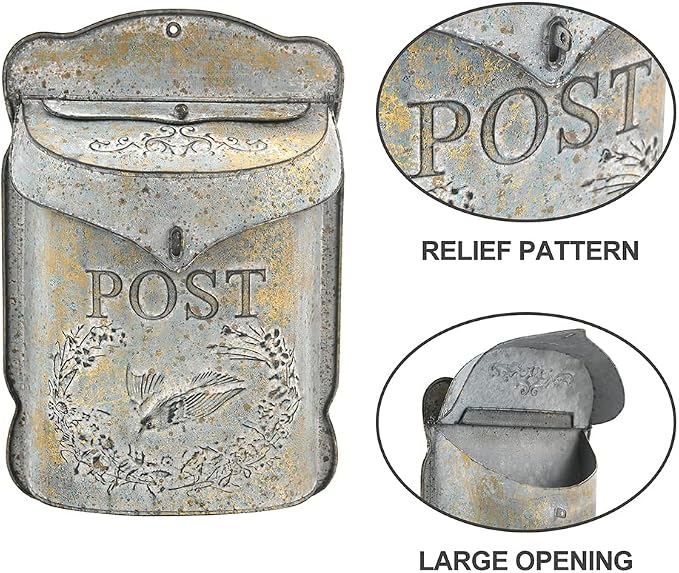 Wall Mount Mailbox for Outside Vintage Mail Boxes for House Outside Metal Door Mailbox Drop Box Antique Style Nostalgic Charm Home Decorative, Bird Pattern, Gray