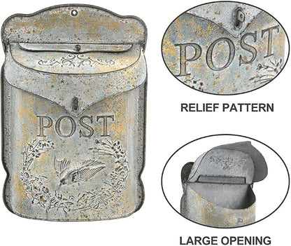 Wall Mount Mailbox for Outside Vintage Mail Boxes for House Outside Metal Door Mailbox Drop Box Antique Style Nostalgic Charm Home Decorative, Bird Pattern, Gray