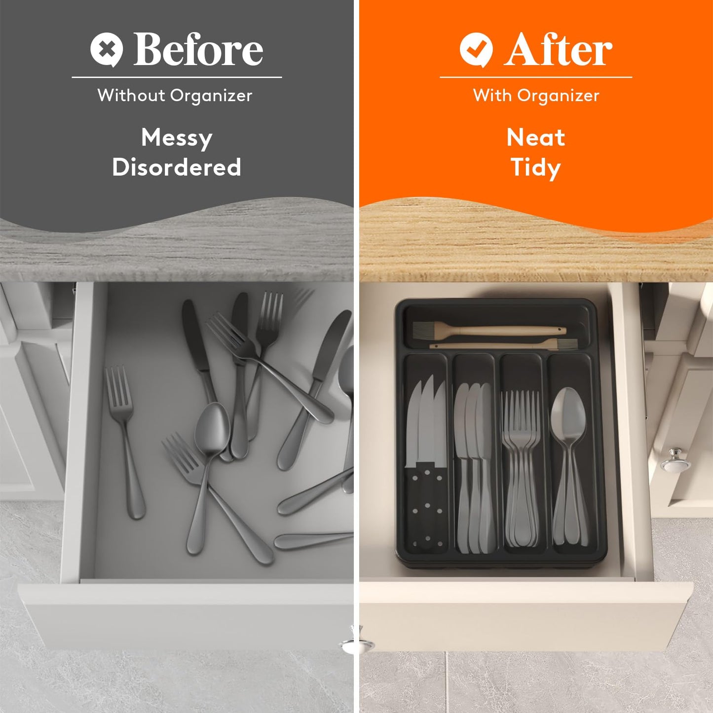 Lifewit Silverware Organizer with Lid, Covered Utensil Tray for Kitchen Drawer and Countertop, Plastic Cutlery and Flatware Storage Box for Spoons Forks Knives Holder Case, 6 Compartments, Black