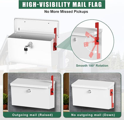 Large Wall Mount Mailbox for Outside with Flag, Locking Mailbox Wall Mounted, Galvanized Steel Rustproof Metal Mailbox, Modern Mail Box for House Outside, White, 15.9''x9.6''x5.2''