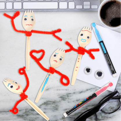 YEXEXINM 100 Sets Fork Craft Kit Disposable Creativity Sporks Fork Creativity Set Include Sporks Red Pipe Cleaners Self Adhesive Wiggle Googly Eyes and Marker Pens,Make Your Own Craft Kit