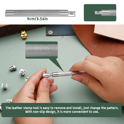 Leather Craft Stamping Tools, Leather Stamping Kit with 12 Tangcao Patterns Stamp and Punch Tools and 25mm Hammer and 3 thimbles for Craft Stamps