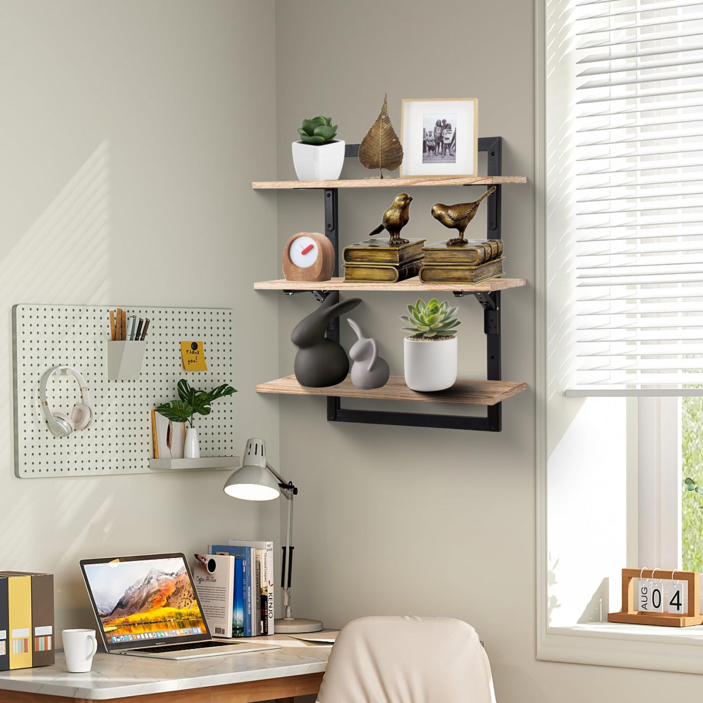Wodhels 24-Inch Floating Shelves for Wall，3-Tier Wooden Wall Mounted Kitchen Shelves with Foldable Brackets,Hanging Wall Shelves for Living Room, Coffee Bar，Bedroom, Bathroom,Rustic Brown