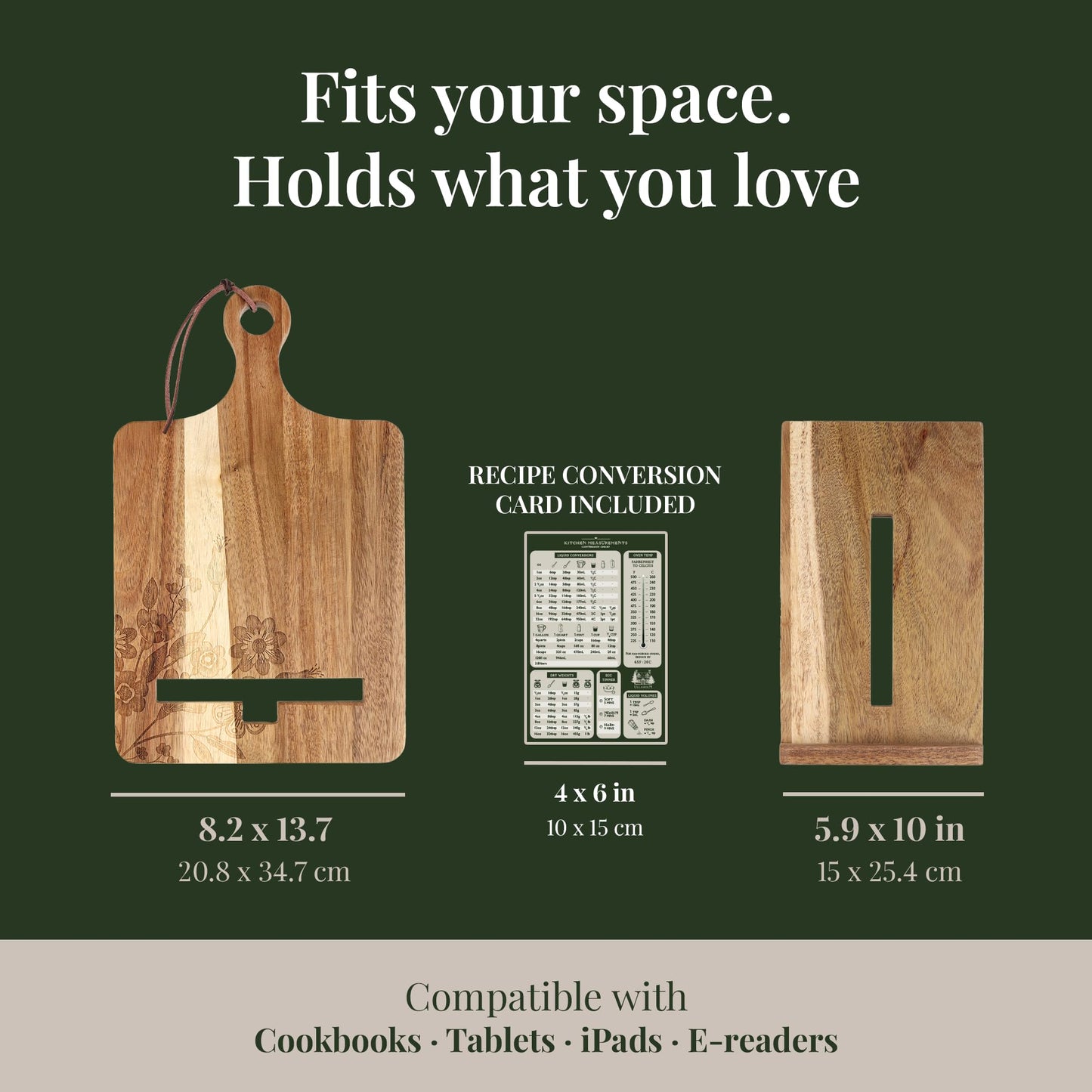 ULLAHOLM Wooden Cookbook Stand for Kitchen Counter - Reversible Recipe Book Holder with Cooking Measurement Conversion Card - Gift-Ready Adjustable Tablet Cookbook Holder Stand - 13.7"x8.2"
