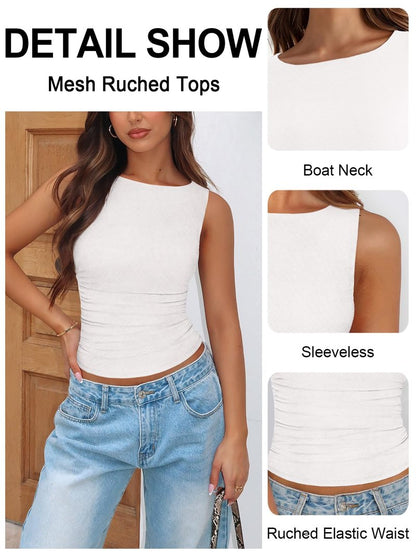 MIYIEONZ Womens Boat Neck Tops for Women Mesh Ruched Double Lined Tank Top Y2k Cute Going Out Summer Clothes Medium White