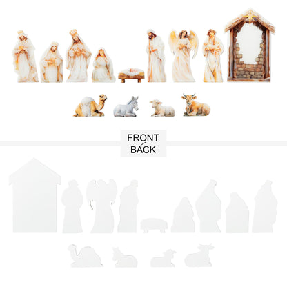 Glitzhome Nativity Scene Set Indoor 8.5",13 Pieces Wooden & Epoxy Resin Nativity Sets & Figures Tabletop Scenes, Nativity Figurines Set for Christmas Indoor Decor with Arch Christian Holy Family