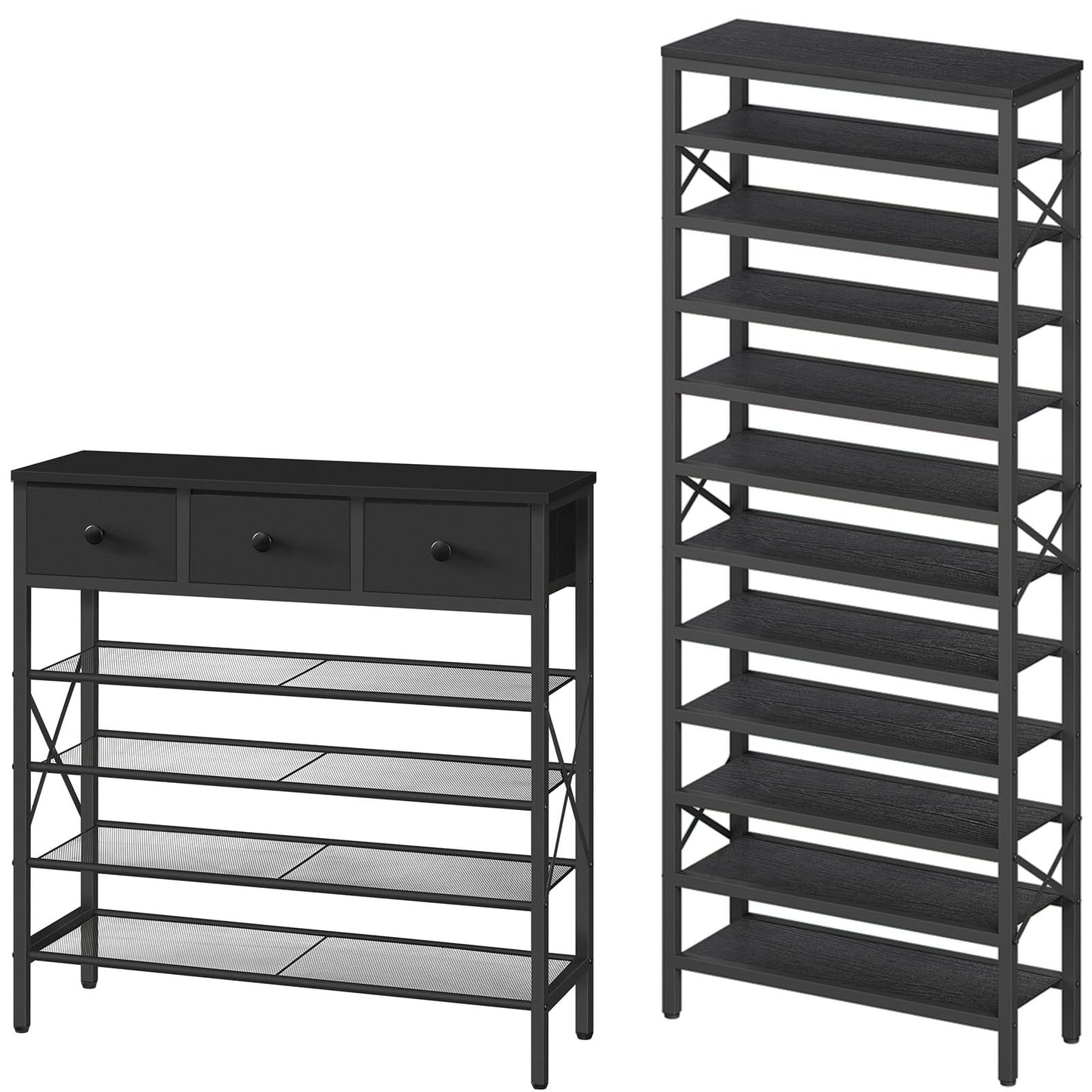 YATINEY 5-Tier Shoe Rack with 3 Drawers and 12-Tier Tall Shoe Rack Organizer, Wooden Shoe Storage for Closet Holds 48 Pairs, Sturdy Shoe Shelf SS35BB-SS212BB