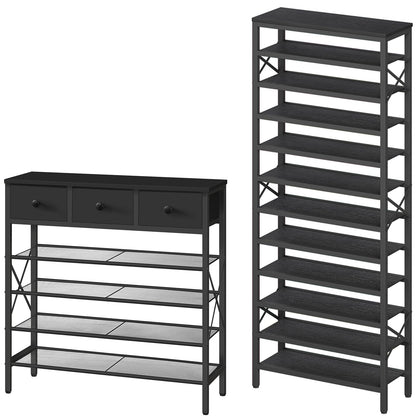 YATINEY 5-Tier Shoe Rack with 3 Drawers and 12-Tier Tall Shoe Rack Organizer, Wooden Shoe Storage for Closet Holds 48 Pairs, Sturdy Shoe Shelf SS35BB-SS212BB