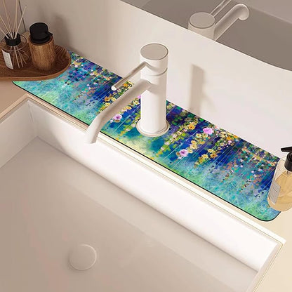 Abstract Watercolor Floral Kitchen Sink Splash Guard Mat Absorbent Fast Drying
