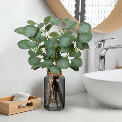Briful Artificial Eucalyptus Stems in Black Glass Vase with Faux Water, 14" Fake Plant Eucalyptus Leaves for Home Office Farmhouse Wedding Centerpiece Décor