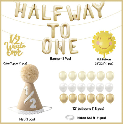 Half Birthday Decorations for Baby Girl - Khaki 1/2 Birthday Hat, Half Way to One Balloon Banner, Gold and White Balloons, 1/2 Cake Topper, Sun Balloons, 6 Months Party Supplies