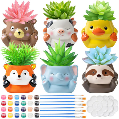 Chuangdi 6 Sets DIY Ceramic Succulent Pots Paint Animal Planters Unpainted Plant Flower Pot Paintable Ceramic Painting Kit Drainage Hole Color Paints Paintbrushes Palettes for Craft(Novel Style)