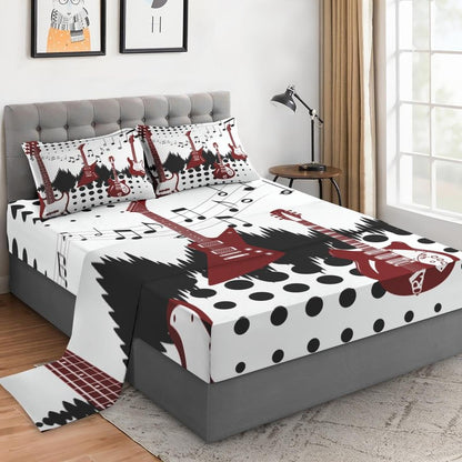 WeCozy Queen Size Bed Sheet Sets with Pillowcases, Guitar Rock Music 4 Pcs Soft Microfiber Bedding for Kids and Adults, Musical Play Flat, Fitted Sheet for Bedroom Bed Decor