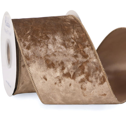 Ribbli Camel Velvet Wired Ribbon 4 Inch Crushed Velvet Christmas Ribbon for Gift Wrapping Christmas Tree Decoration Crafts Wreaths Supplies-Continuous 10 Yards