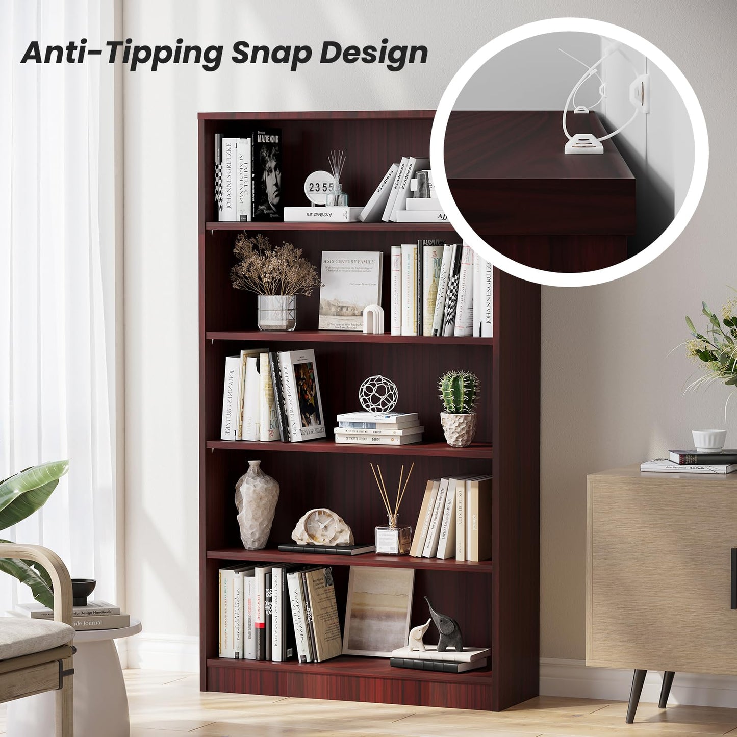 i-VTIES Bookcase Adjustable Storage Shelves,5-Tier Modern Wood Bookcase for Bedroom,60-Inch Bookshelf, Office, Living Room & Library(Mahogany)