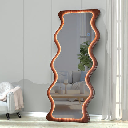 osemy 65"x 24" Irregular Wavy LED Full Length Mirror with Lights Wood Frame Full Body Mirror, Free Standing/Wall Mounted/Leaning for Dressing Bedroom Living Room Walnut Brown