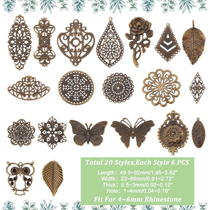 PH PandaHall 120pcs Filigree Metal Embellishments 19 Style Filigree Connectors Charms Antique Bronze Flower Animal Pendants for Steampunk Mixed Media Art Hairpin Headwear Necklace Jewelry Making