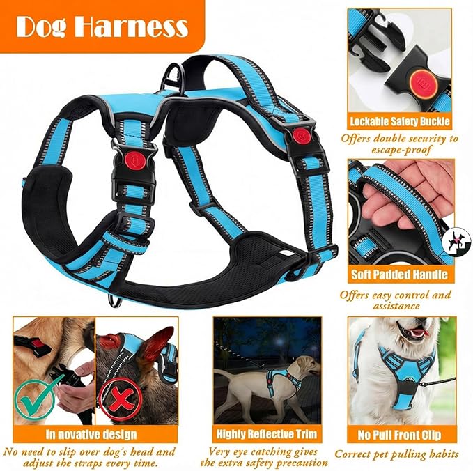 LOBEVE No Pull Dog Harness, Collar & Leash Set | Includes Dog Seat Belt, Collapsible Bowls & Poop Bag Dispenser. Ideal for Training, Walking, Hiking. Fits Small to Large Dogs(Blue-L)