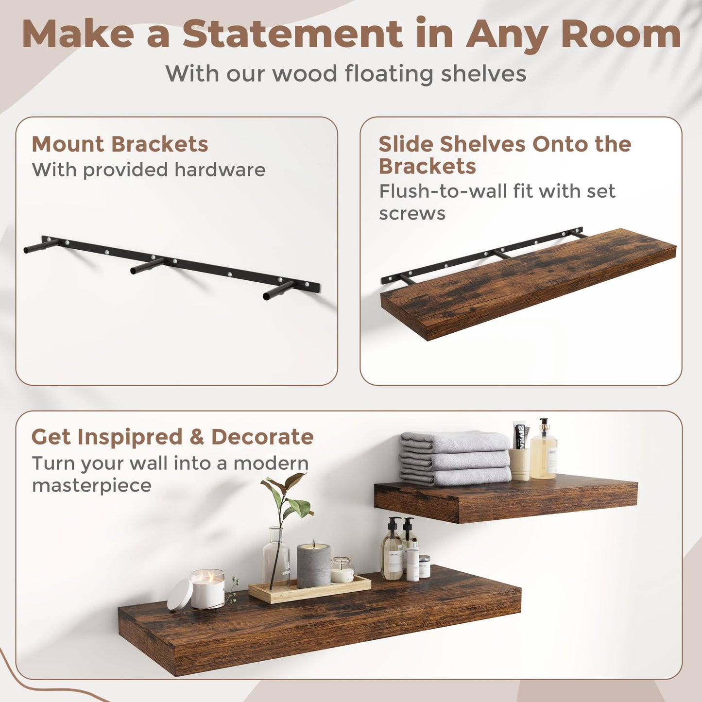 72 Inch Long Floating Shelves for Wall 2 Pack, 12"D Wood Grain Bathroom Shelves with Invisible Brackets, Easy Install Engineered Wood Storage Shelves for Kitchen, Living Room, Bedroom, Rustic Brown