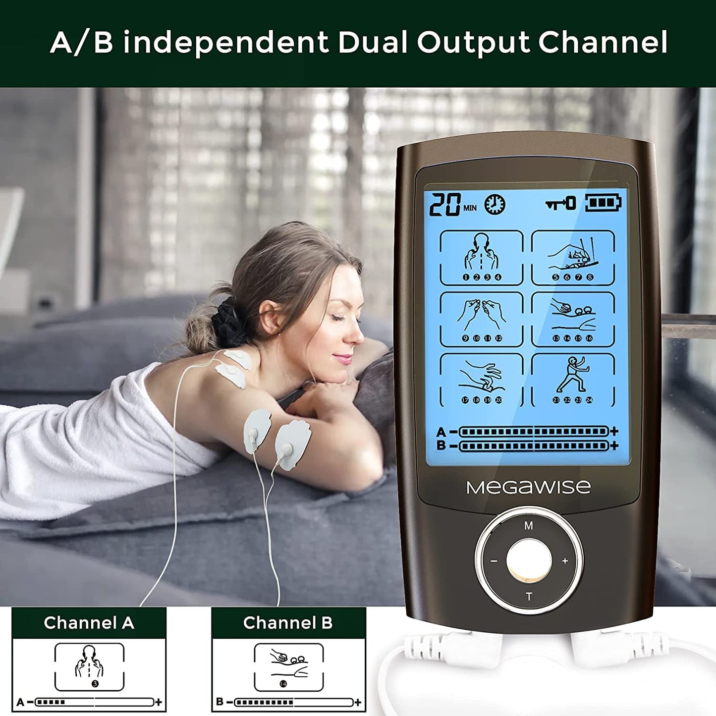 MegaWise 48 Modes（24 * 2） Dual Channel EMS TENS Unit Muscle Stimulator with 14Pcs Reusable Electrode Pads. Rechargeable Continuous Mode Electronic Pulse Massager with Storage Pouch/Pads Holder