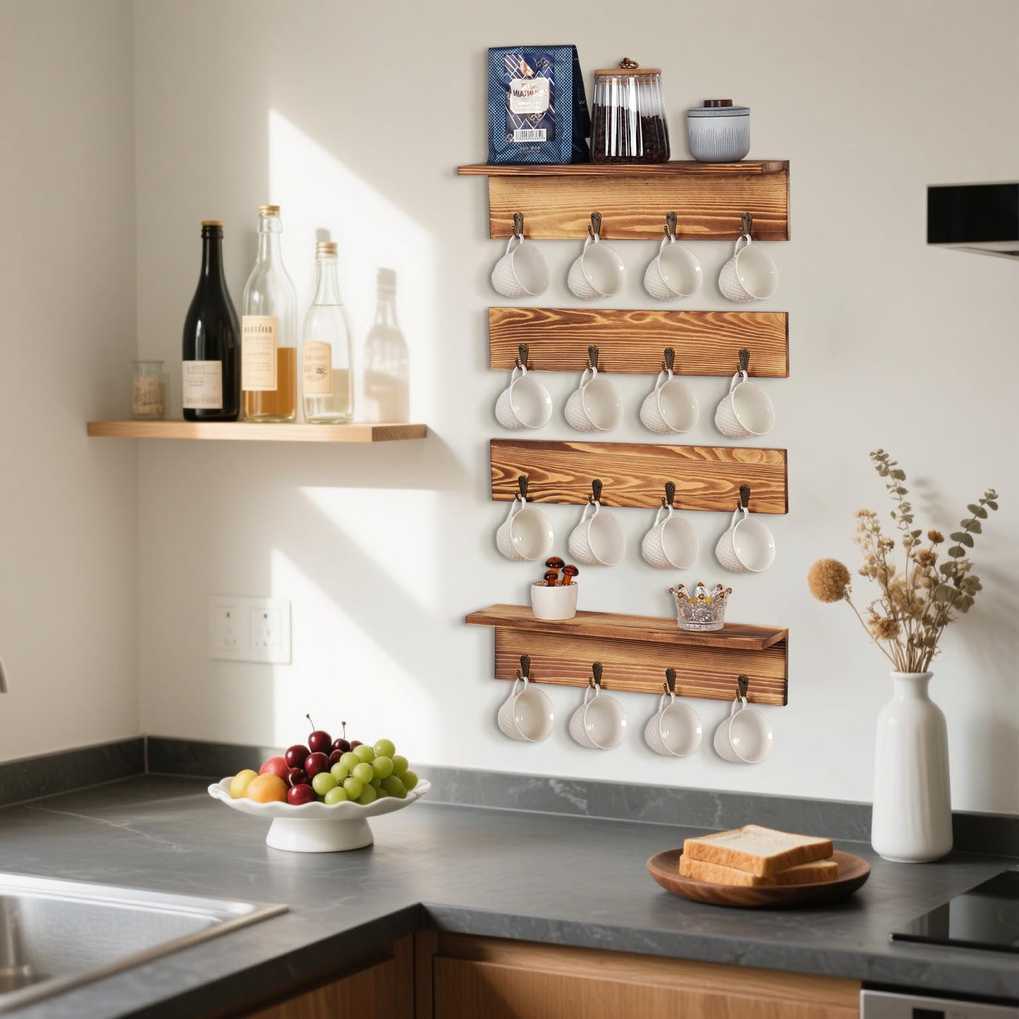 TRSPCWR Coffee Mug Rack Wall Mounted - Coffee Mug Holder with 16 Hooks and Display Shelf, 4 Tier Rustic Wood Bar Cup Organizer for Home Kitchen Display and Collection