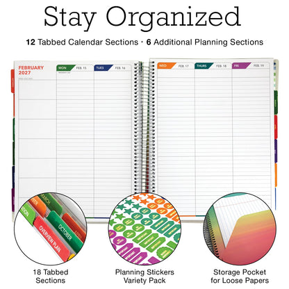 DELUXE TEACHER PLANNER Aug 2026-Jul 2027 8.5x11 Daily Weekly Monthly Organizers with 7 Periods, Pocket Folder, Dated Calendar, Page Tabs, Bookmark and Planning Stickers (Black Tree Seasons)