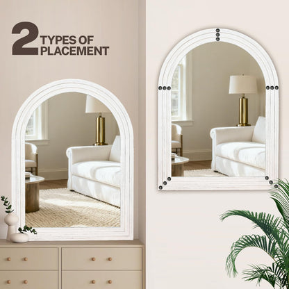 LXWZHK 40"x30" Arched Wooden Frame Wall Mirror, Rustic Vanity Wall Mirror for Bathroom, Bedroom, Rustic White