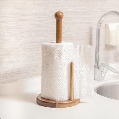 14" Acacia Wooden Paper Towel Holder, 6.7" Large Heavy Base Wooden Kitchen Towel Roll Stand Organizer Free Standing, Rustic Farmhouse Paper Towel Holder Stand, Standing Paper Towel Roll Holders