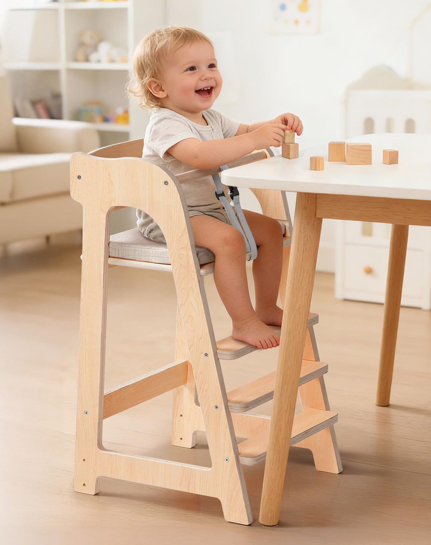 ROBUD Wooden High Chair for Toddlers, Highchair for Adjustable Seat Height & Footrest Levels, High Chairs for Babies and Toddlers with Removable Cushion for Nursery, Dining, Studying, Restaurant,WG419